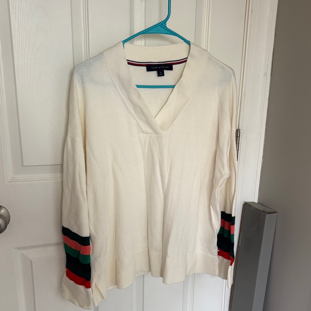 Tommy Hilfiger Ivory V-Neck Sweater with Colorful Stripes